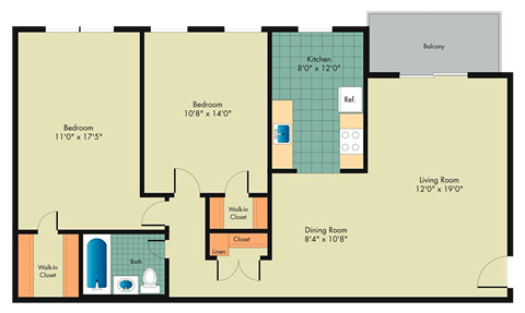 Floor plan for 2 beds, 1 bath, 1004 sqft